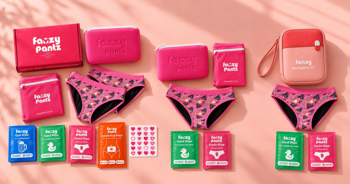 Three Fanzy Pantz first period kits laid out side by side with their contents