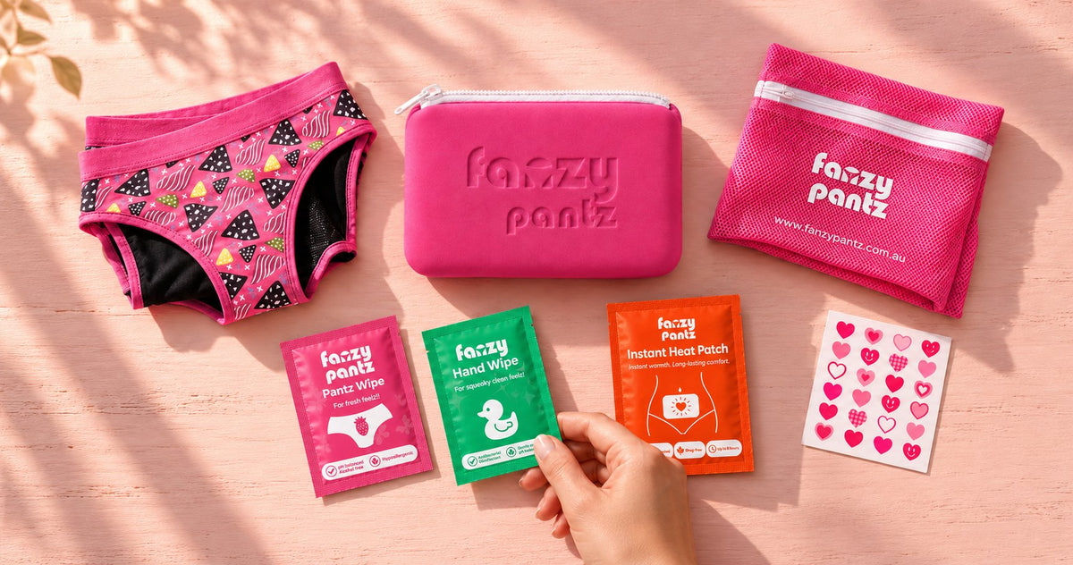 Fanzy Pantz undies, pouch, laundry bag, wipes, heat patch and stickers laid out as a shopping list